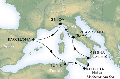 Cruise - mediterranean - Italy,Spain,Tunisia,Malta