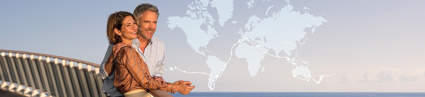 World cruise picture of a couple and map