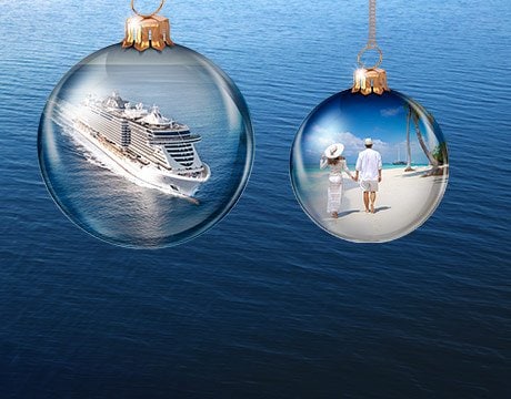 A cruise ship and a couple on a tropical beach inside holiday ornaments | MSC Cruises A cruise ship and a couple on a tropical beach inside holiday ornaments | MSC Cruises