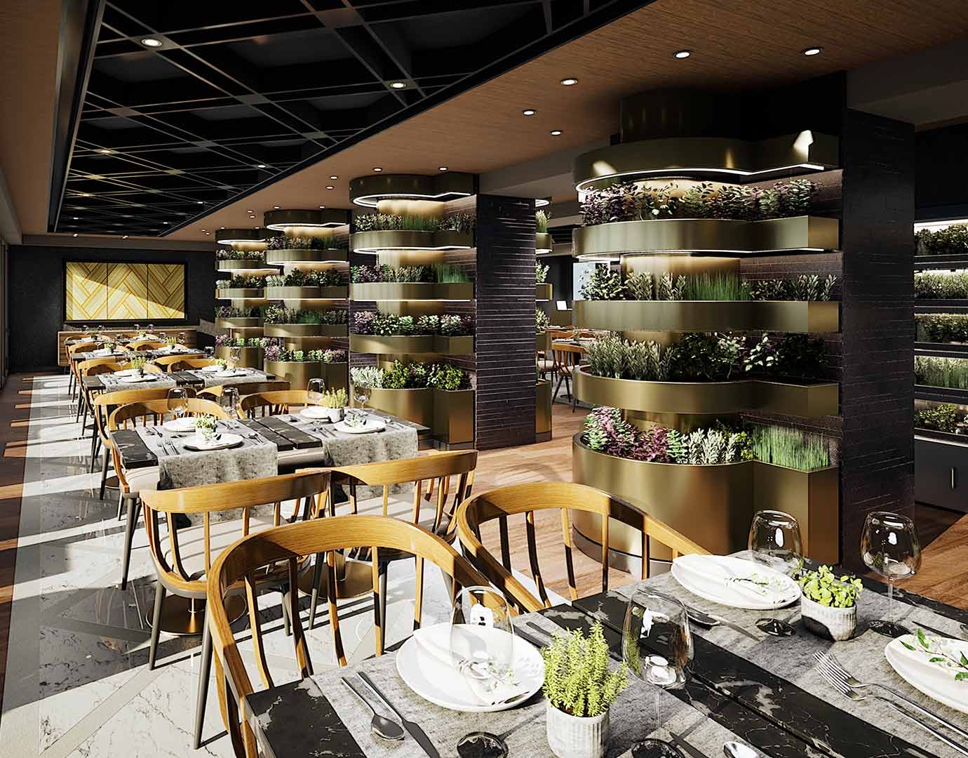 Elegant cruise ship restaurant with modern decor and fresh herb displays | MSC Cruises