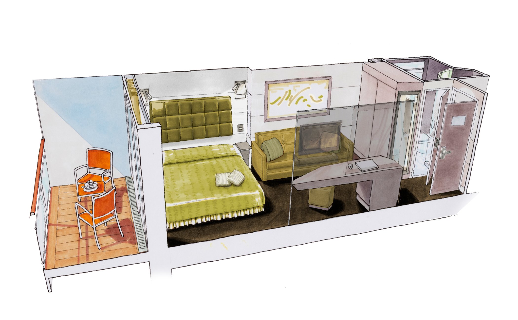 Illustration of a modern cruise ship cabin with private balcony, queen bed, sofa, and desk | MSC Cruises Illustration of a modern cruise ship cabin with private balcony, queen bed, sofa, and desk | MSC Cruises