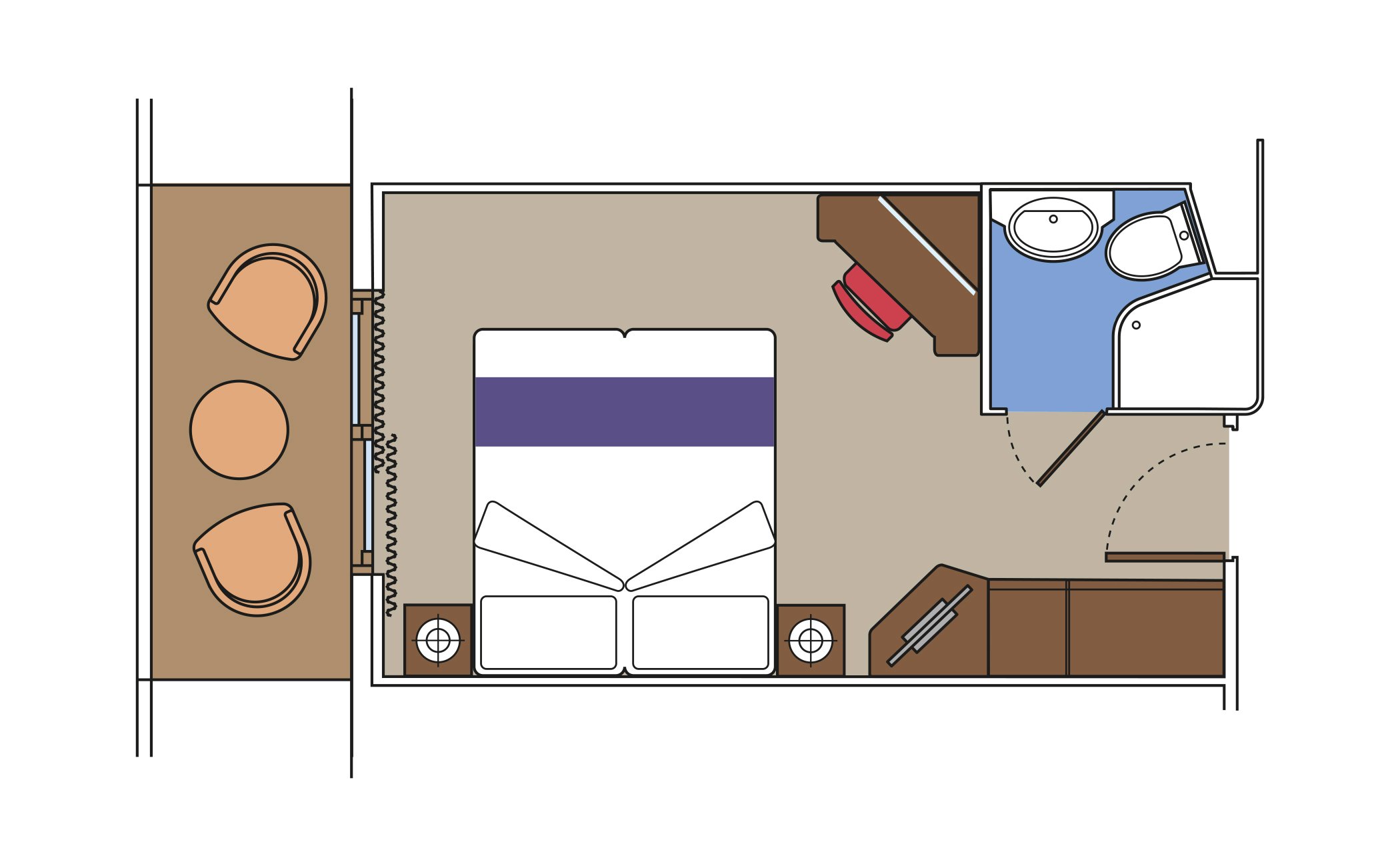Diagram of a cruise ship cabin with a balcony, double bed, desk, and private bathroom | MSC Cruises