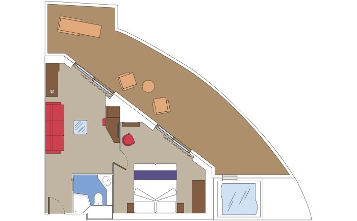 Spacious cruise suite layout with king bed, seating area, balcony, and private whirlpool | MSC Cruises