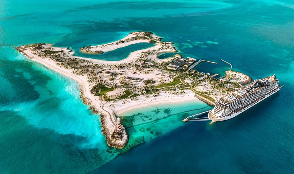 Aerial view of Ocean Cay island with an MSC cruise ship docked in turquoise waters | MSC Cruises