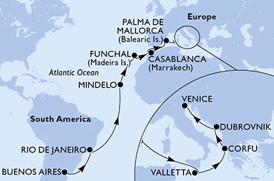 Argentina, Brazil, Cape Verde, Portugal, Morocco, Spain, Malta, Greece, Croatia, Italy
